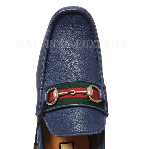 GUCCI SHOES MENS BLUE LEATHER MOCCASIN LOAFERS w HORSEBIT WEB sz 12.5G 13 - Picture 8 of 15